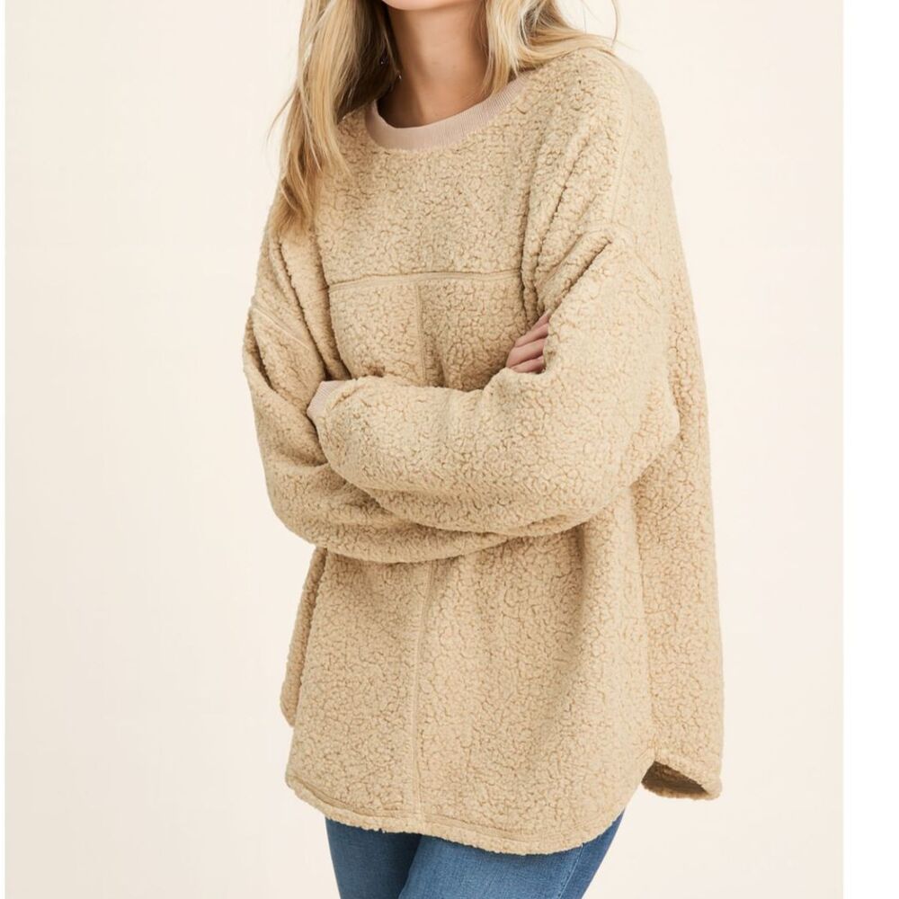 Easel Los Angeles Sherpa Fleece Pullover Sweatshirt Tan Large